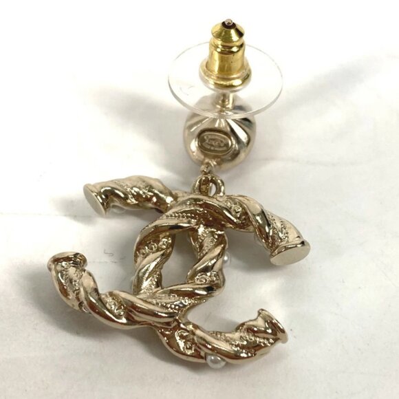 CHANEL CC Logos Twist Rhinestone Pearl Dangle Earrings Gold Tone A23B Auth - Picture 6 of 8